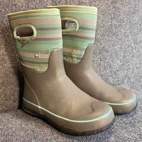 Bogs Youth Size 4 Pull On Snow Rain Boots Classic Stripe Gray Green - Picture 4 of 6